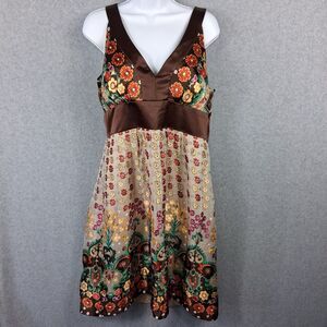 Morrell Maxie Womens Silk Party Dress 12 Brown Floral Shimmer Babydoll Y2K Fairy